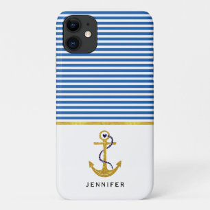 Capa Para iPhone 11 Âncora Dourada e azul, listras brancas verdes ná