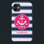 CAPA PARA iPhone 11 ÂNCORA MONOGRAMMED DO ROSA E DO MARINHO<br><div class="desc">ESTES ÂNCORA BONITO, FORMAL E FEMININO E DESIGN TEMÁTICO NÁUTICO DAS LISTRAS NO MARINHO AZUL ESCURO, MATIZ FÚCSIA E BRANCAS DO ROSA QUENTE PODEM SER PERSONALIZADOS COM SEU NOME E SER PERSONALIZADOS COM SEU MONOGRAMA E TRÊS INICIAIS DA LETRA DEBAIXO DOS CORAÇÕES. ESTÚDIOS DE CHRISSY H. DO © DOS TRABALHOS...</div>