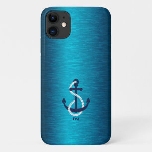 Capa Para iPhone 11 Âncora náutica em textura metálica azul