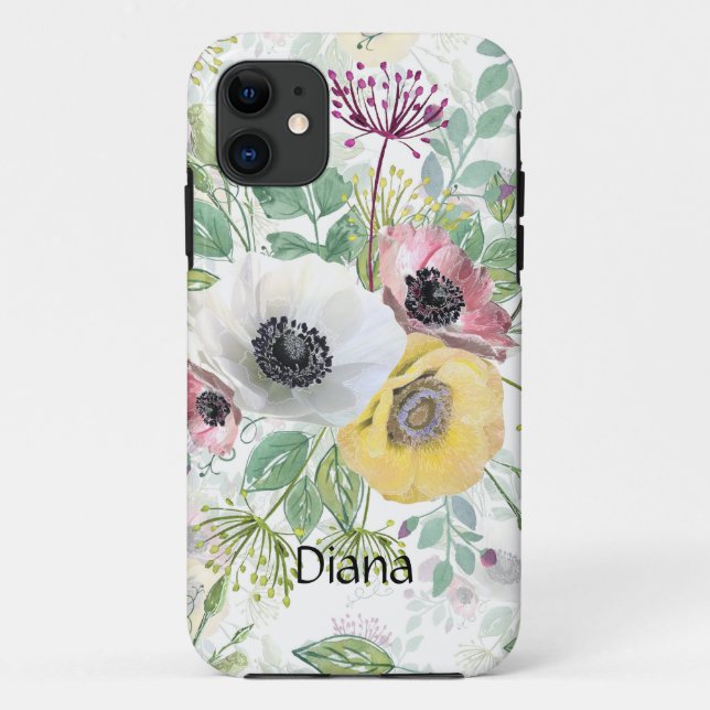 Capa Para iPhone 11 Anêmonas rosa, branco e amarelo. (Verso)