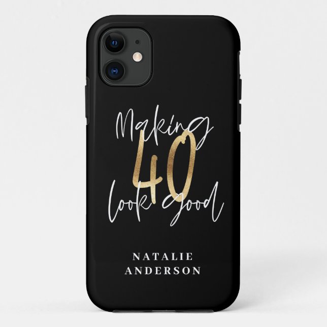 Capa Para iPhone 11 Aniversário de 40 anos de preto e ouro com script  (Verso)