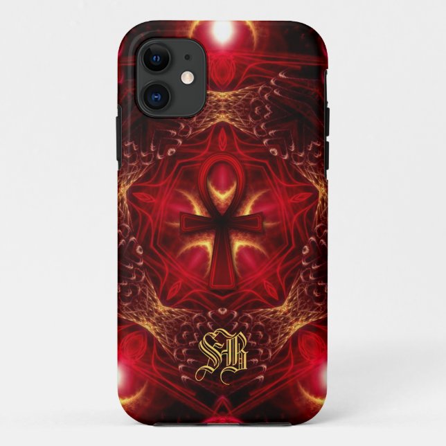 Capa Para iPhone 11 Ankh Energy Red+Dourado Monograma Personalizado (Verso)