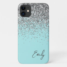 Capa Para iPhone 11 Aqua Azul Prateado Brilho Monograma Menina