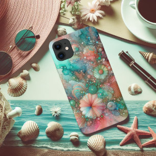 Capa Para iPhone 11 Aqua Coral e Mint Watercolor Náutico