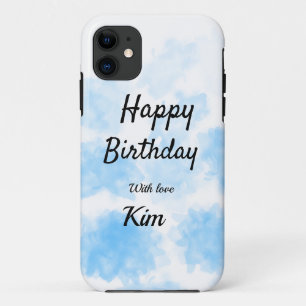 Capa Para iPhone 11 Aquarela azul simples aniversário adicione seu nom