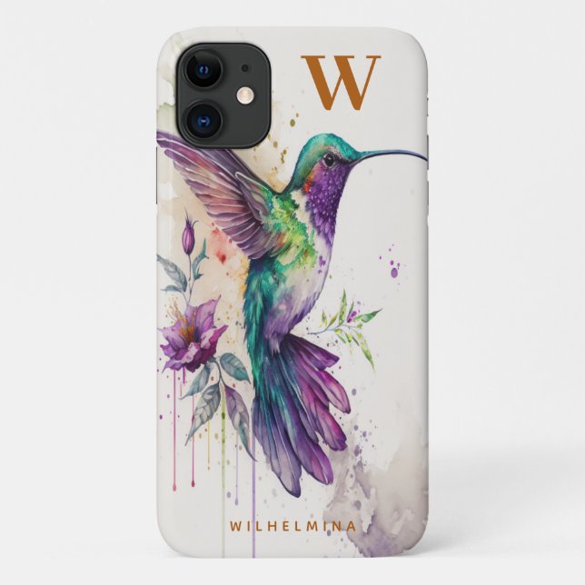 Capa Para iPhone 11 Aquarela Elegante Hummingbird Funny Monograma Nome (Verso)