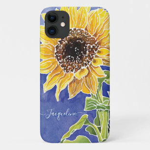 Capa Para iPhone 11 Aquarela Floral Amarelo-Azul-girassol