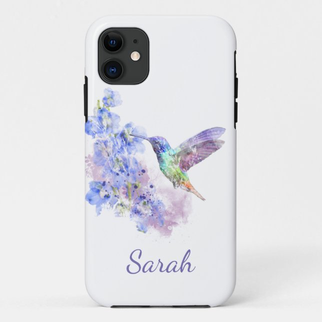 Capa Para iPhone 11 Aquarela Hummingbird Bird Art Personalizar (Verso)