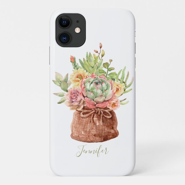 Capa Para iPhone 11 Aquarela Suculenta Floral Botânica Personalizada (Verso)