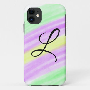 Capa Para iPhone 11 Aquarela verde simples roxo adicione seu monograma