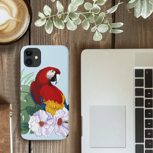 Capa Para iPhone 11 Arara Vermelha Papagaio Tropical Hibisco Branco Fl