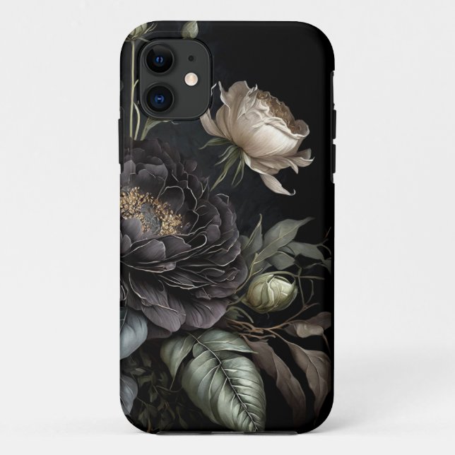 Capa Para iPhone 11 Arranjo de Rosa Gótica Flor Preta (Verso)