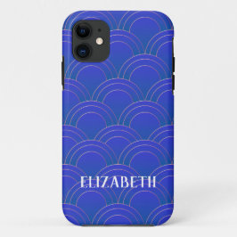 Capa Para iPhone 11 Art Deco Dourado Nome Azul Personalizado