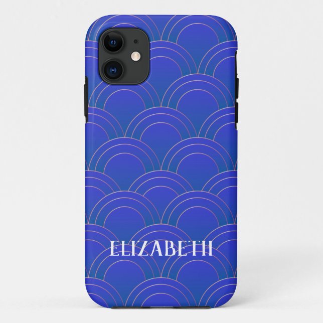 Capa Para iPhone 11 Art Deco Dourado Nome Azul Personalizado (Verso)