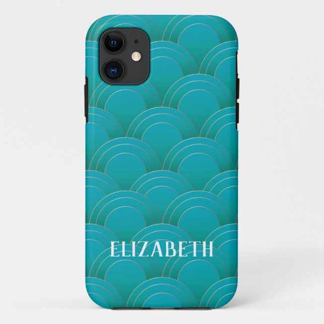 Capa Para iPhone 11 Art Deco Dourado Turquoise Name Personalizado (Verso)
