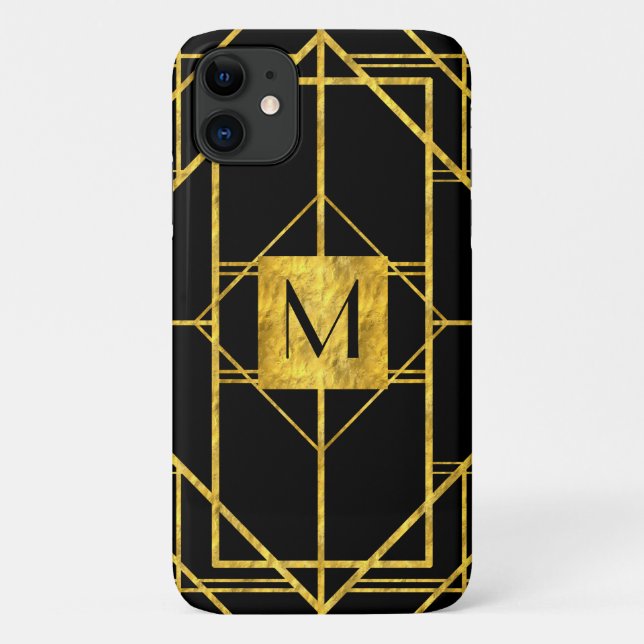 Capa Para iPhone 11 Art Deco Escuro Dourado Geométrico com Folha a Pre (Verso)