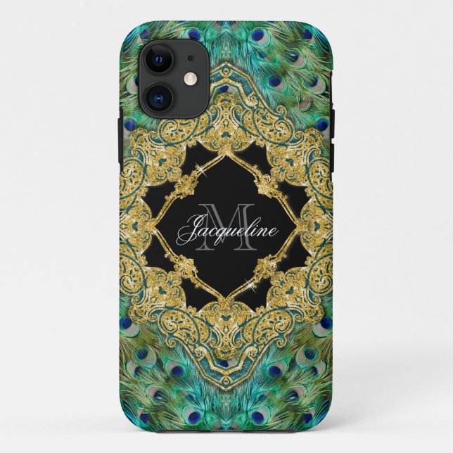 Capa Para iPhone 11 Art Deco Peacock Glitter Dourado Gatsby (Verso)