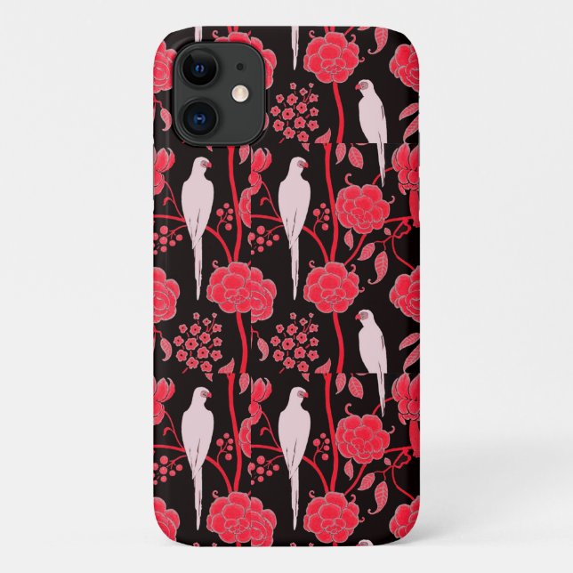 CAPA PARA iPhone 11 ART DECO RED FLOWERS, PARRÓGÃOS BRANCOS A PRETO (Verso)