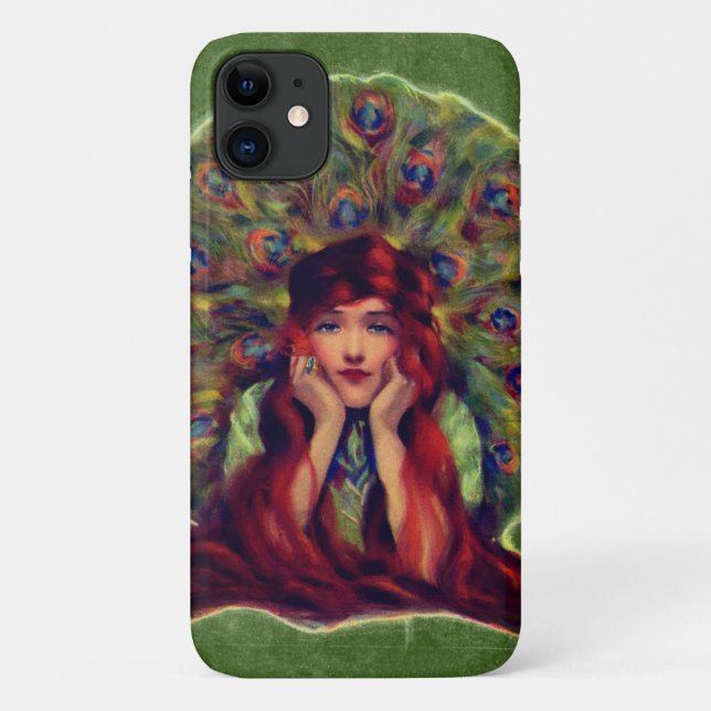 Capa Para iPhone 11 Art nouveau deco elegante mulher, penas de pavão (Verso)