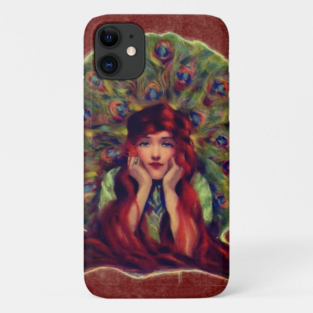 Capa Para iPhone 11 Art nouveau deco elegante mulher, penas de pavão (Verso)
