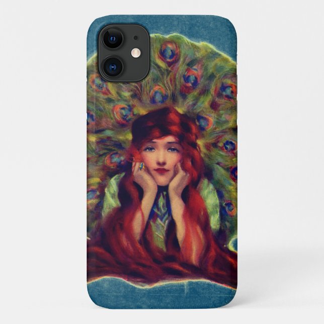 Capa Para iPhone 11 Art nouveau deco elegante mulher, penas de pavão (Verso)