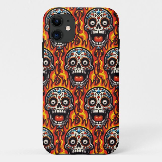Capa Para iPhone 11 Arte Crânio do Açúcar - Crânio Flamejante (Verso)