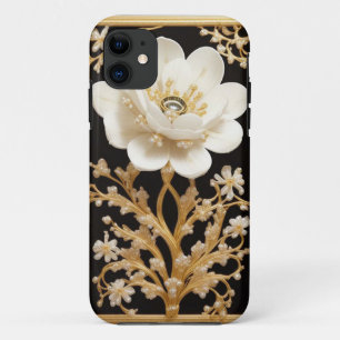 Capa Para iPhone 11 Arte de Flor Branca com Ouro Luxuoso