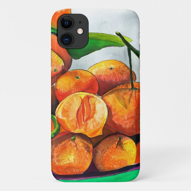 Capa Para iPhone 11 arte de fruta de laranja mandarino em aquarela (Verso)