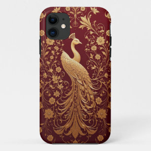 Capa Para iPhone 11 Arte de Pavão Dourado Elegante