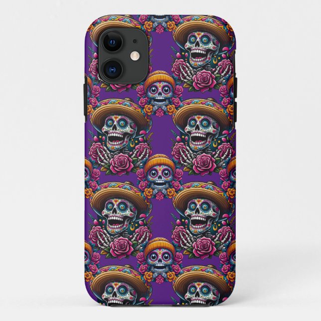 Capa Para iPhone 11 Arte do Crânio do Açúcar - Dia Vibrante dos Mortos (Verso)