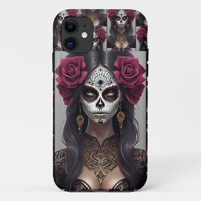 Capa Para iPhone 11 Arte do Crânio do Açúcar - Rosas e Revelação (Verso)