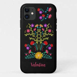 Capa Para iPhone 11 Arte Folclórico da Festa Mexicana Flores Preto Per