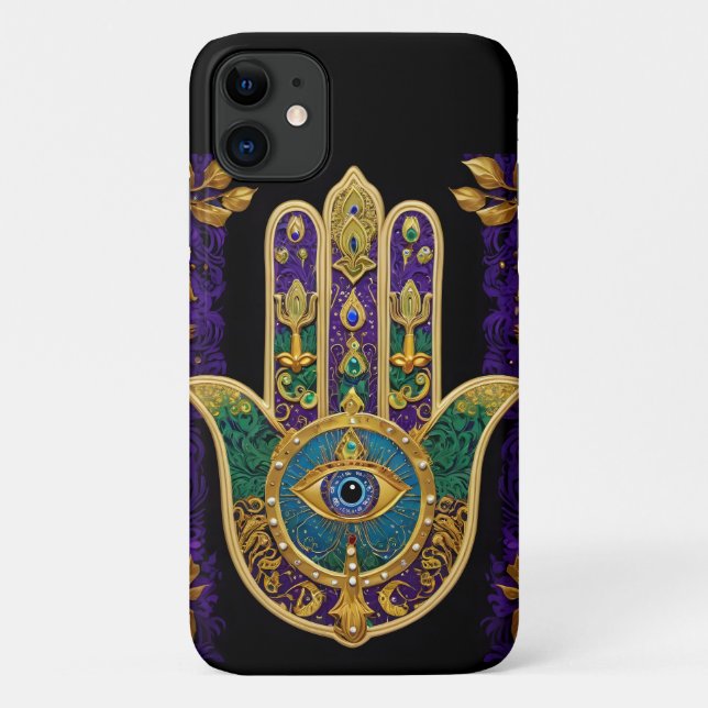 Capa Para iPhone 11 Arte Hamsas Dourado Roxo Verde do Mardi Gras (Verso)