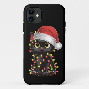 Capa Para iPhone 11 Árvore de Natal de Gato Negro Luzes Papais noeis e