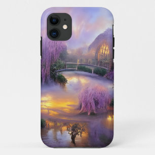 Capa Para iPhone 11 Árvores cor-de-rosa ao pôr do sol pelo lago