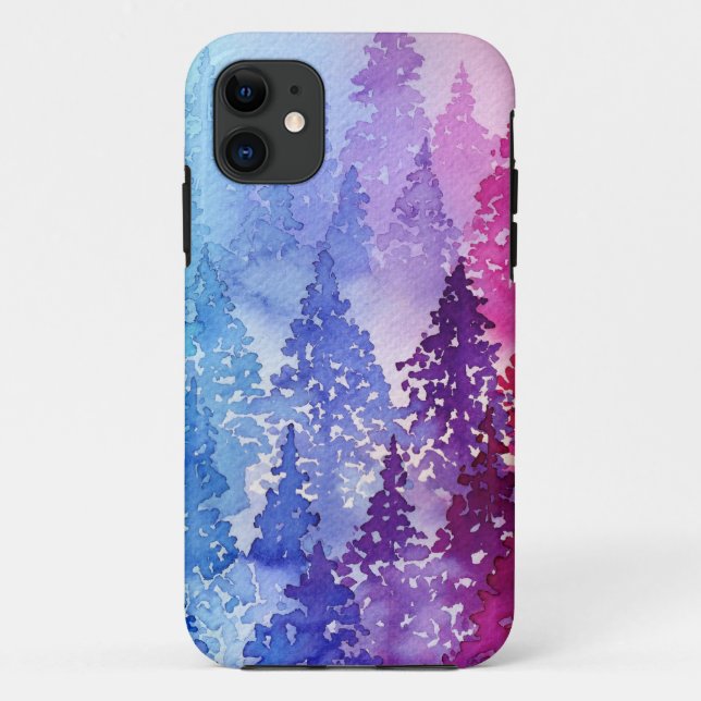 Capa Para iPhone 11 Árvores de Aquarela Roxas (Verso)