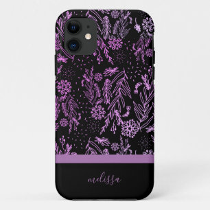 Capa Para iPhone 11 Assinatura de Padrão de Dobra Botânica Púrpura, ro
