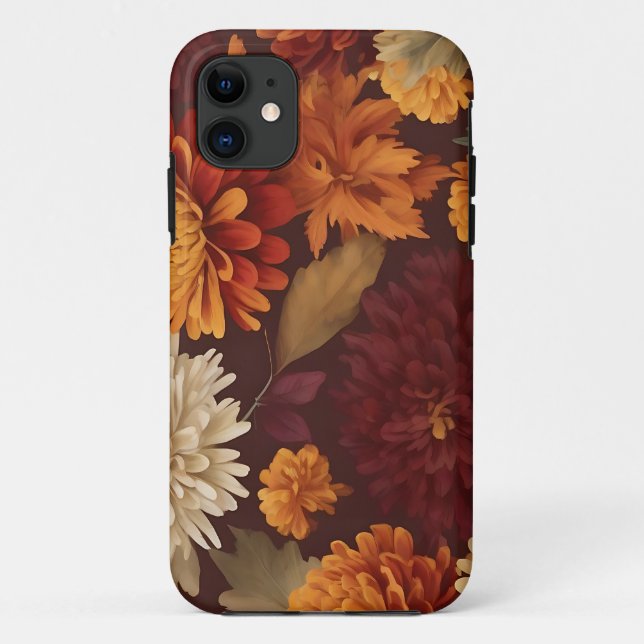 Capa Para iPhone 11 Autumn Marigolds Chrysanthemums e Asters Pattern (Verso)