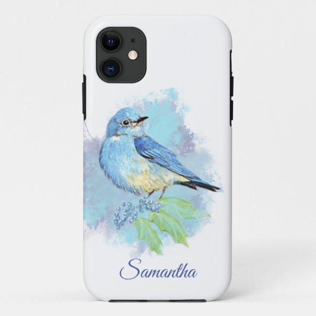 Capa Para iPhone 11 Ave de jardim Bluebird com nome personalizado (Verso)