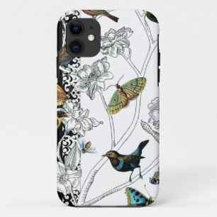 Capa Para iPhone 11 Aves e Borboleta sobre fundo preto-e-branco