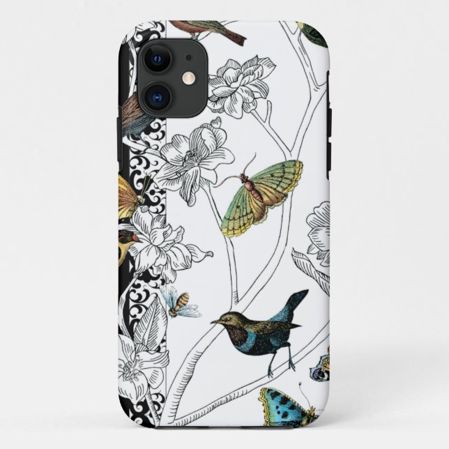 Capa Para iPhone 11 Aves e Borboleta sobre fundo preto-e-branco (Verso)
