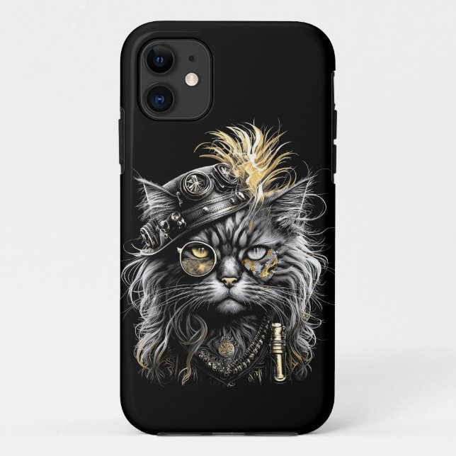 Capa Para iPhone 11 Awesome Steampunk Cat  (Verso)