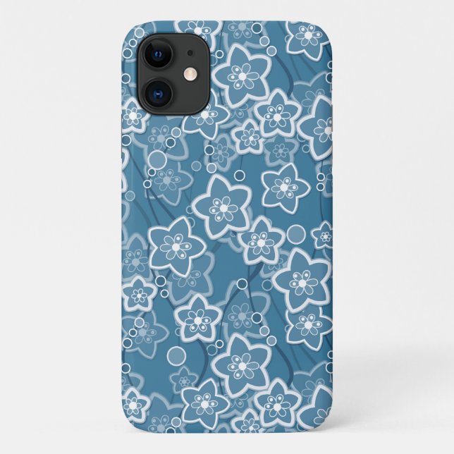 Capa Para iPhone 11 azul com branco, azul, flores, floral, rústico, fa (Verso)