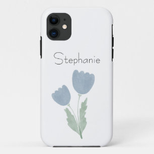 Capa Para iPhone 11 Azul Desbotado Simples Floral Aquarela Seu Nome