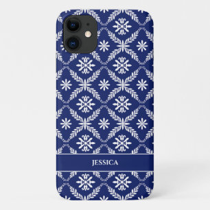 Capa Para iPhone 11 Azul Escuro Personalizado e Branco Geométrico Flor