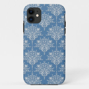 Capa Para iPhone 11 Azul Floral e Damasco Branco