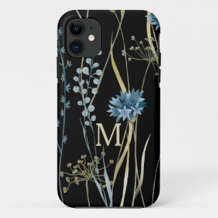 Capa Para iPhone 11 Azul floral monograma e Dourado a preto