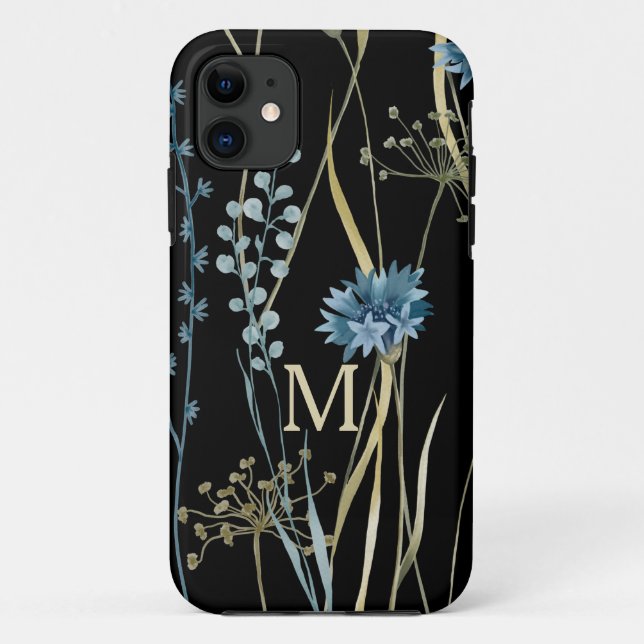 Capa Para iPhone 11 Azul floral monograma e Dourado a preto (Verso)