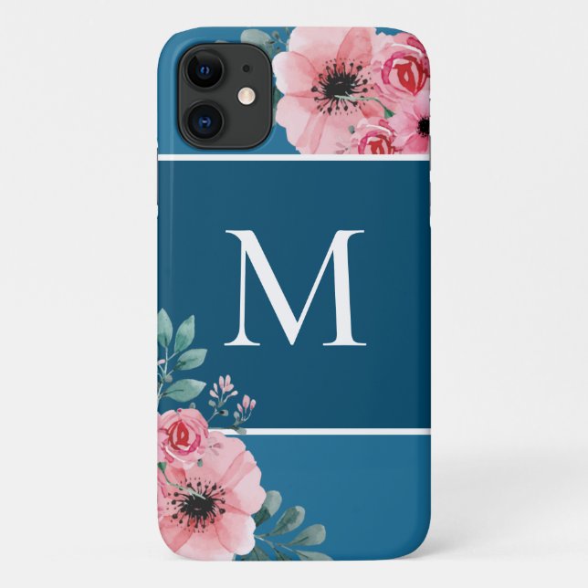 Capa Para iPhone 11 Azul Oceano | Monograma em bloco de cor Floral (Verso)