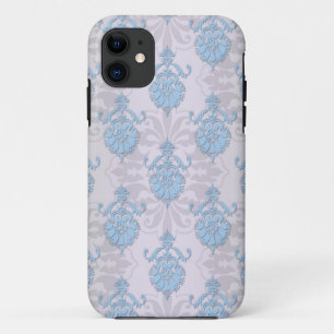 Capa Para iPhone 11 Azul Pálido e Branco Prateado Damasco